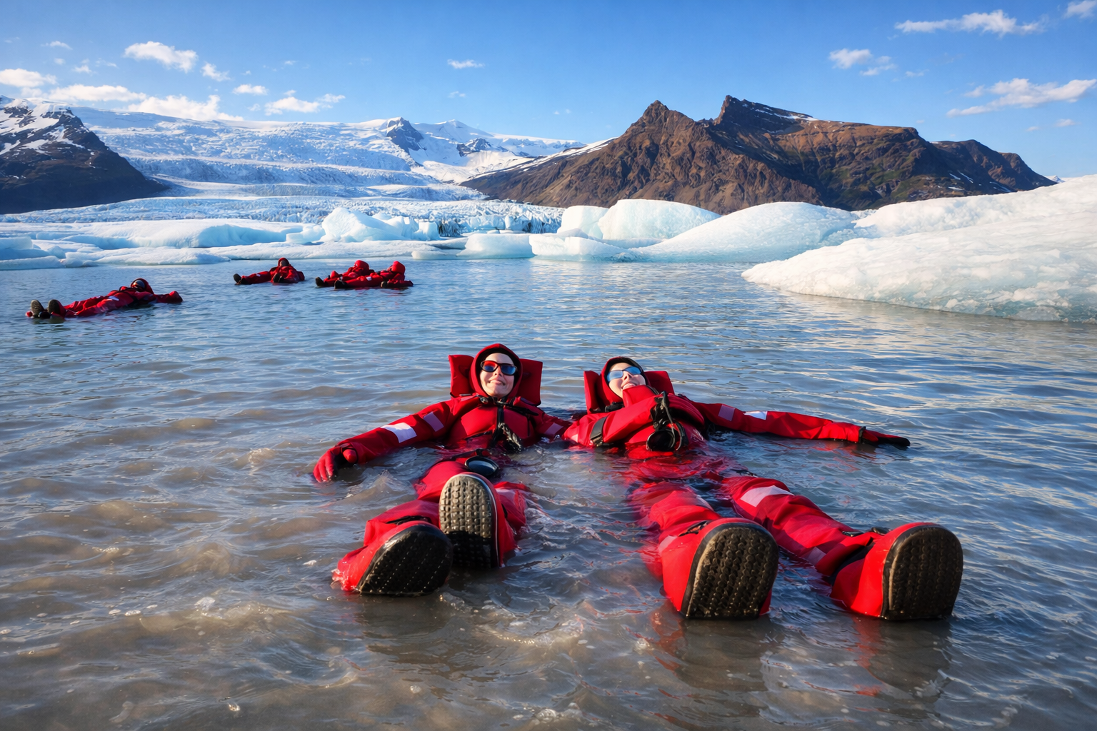 Travelers floating among blue icebergs in thermal suits at Fjallsárlón Glacier Lagoon